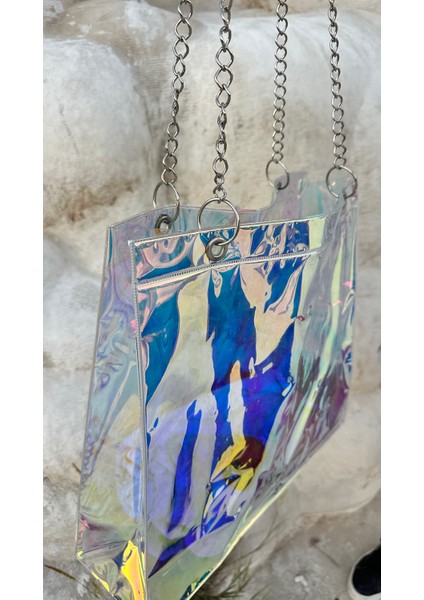 Zincir Saplı Pvc Dikdörtgen Plaj Çantası – 40 x 40 x 12 cm Şeffaf/hologram fırsatları