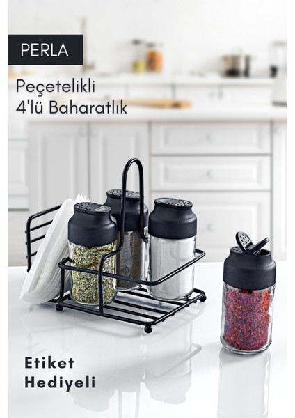 Perla Metal Standlı Peçetelikli 4'lü Çift Kapaklı Cam Baharatlık Seti - Tuzluk Biberlik Peçetelik