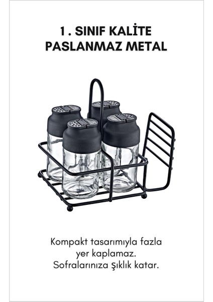 Perla Metal Standlı Peçetelikli 4'lü Çift Kapaklı Cam Baharatlık Seti - Tuzluk Biberlik Peçetelik
