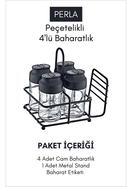 Perla Metal Standlı Peçetelikli 4'lü Çift Kapaklı Cam Baharatlık Seti - Tuzluk Biberlik Peçetelik
