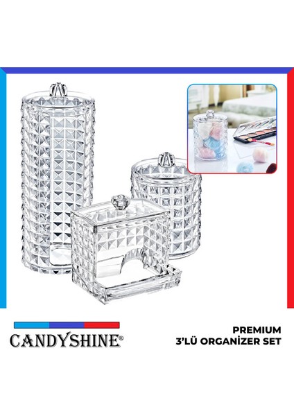 Candy Shine Diamond Premium 3'lü Set Makyaj Organizeri Modern 3'lü Kozmetik Düzenleyici Set Şık Organizer