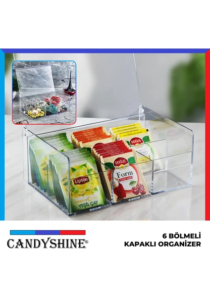 CandyShine Çay Kutusu 6 Bölmeli Kapaklı Poşet Bitki Çayı Saklama Kabı