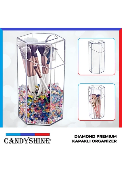 Candy Shine Diamond Premium Kapaklı Altıgen Mika Makyaj Fırçası Düzenleyici Organizer Takı Mücevher Kutusu