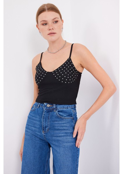 918 Ip Askılı Crop Top - Siyah