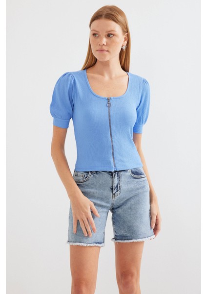 4316 Fermuarlı Örme Bluz - Mavi