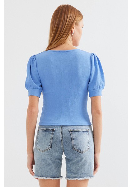4316 Fermuarlı Örme Bluz - Mavi