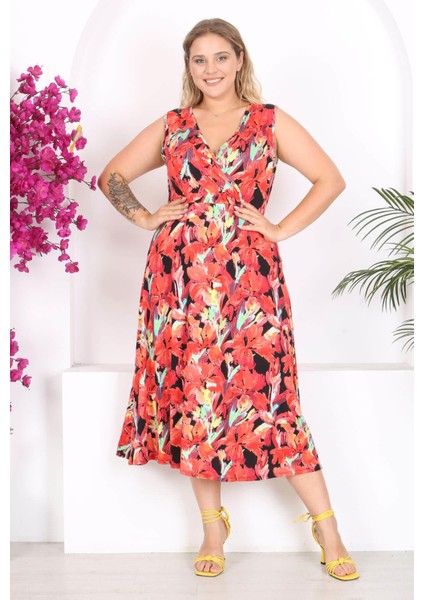 Kadın Kırmızı Floral Suluboya Desen Kolsuz Kruvaze Yaka Büyük Beden Maxi Elbise