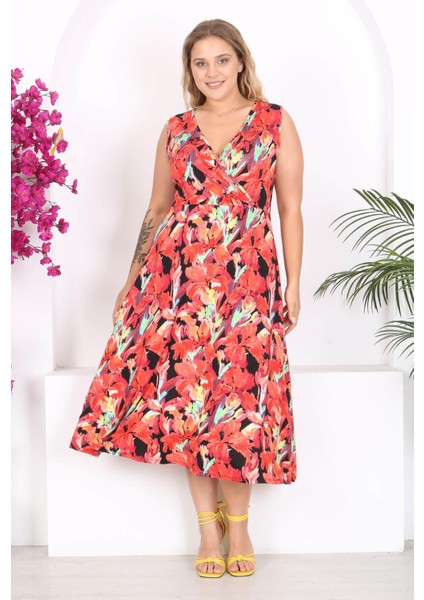 Kadın Kırmızı Floral Suluboya Desen Kolsuz Kruvaze Yaka Büyük Beden Maxi Elbise