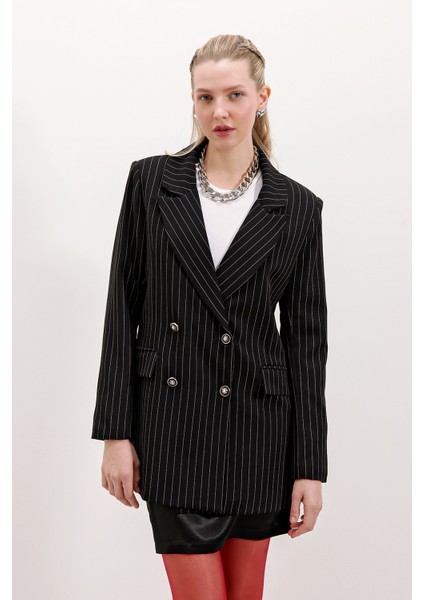 Kadın Siyah Çift Düğmeli Çizgili Blazer Ceket 0699 modelleri