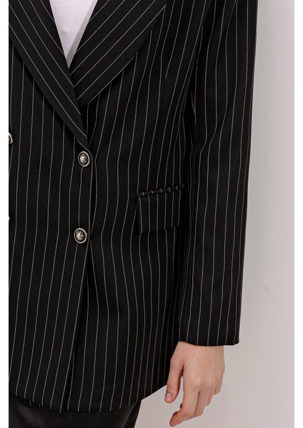 Kadın Siyah Çift Düğmeli Çizgili Blazer Ceket 0699 fırsatları