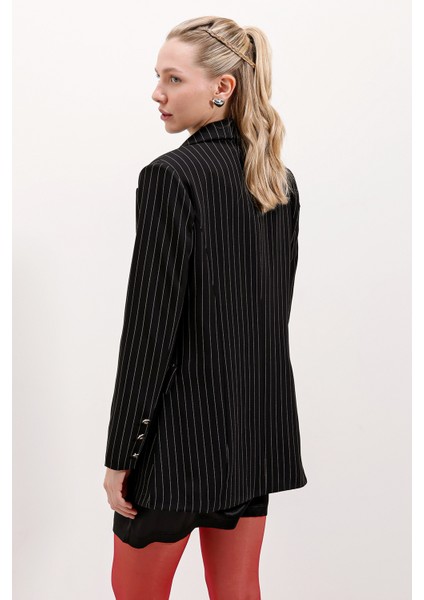 Kadın Siyah Çift Düğmeli Çizgili Blazer Ceket 0699 indirimleri