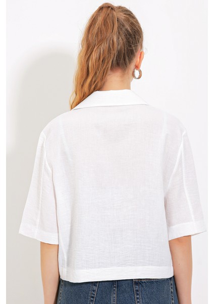 Kadın Beyaz Çift Düğmeli Oversize Crop Keten Ceket 0706