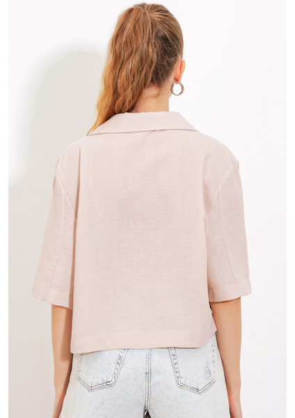 Kadın Krem Çift Düğmeli Oversize Crop Keten Ceket 0706 indirimleri