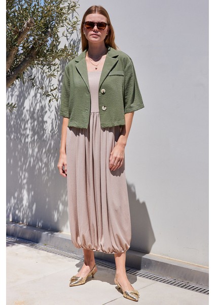 0706 Crop Keten Ceket - Haki modelleri