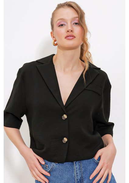 Kadın Siyah Çift Düğmeli Oversize Crop Keten Ceket 0706