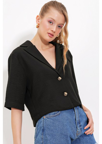 Kadın Siyah Çift Düğmeli Oversize Crop Keten Ceket 0706 fiyatları