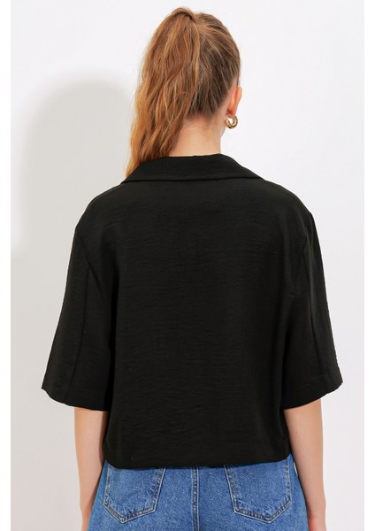 Kadın Siyah Çift Düğmeli Oversize Crop Keten Ceket 0706 fırsatları