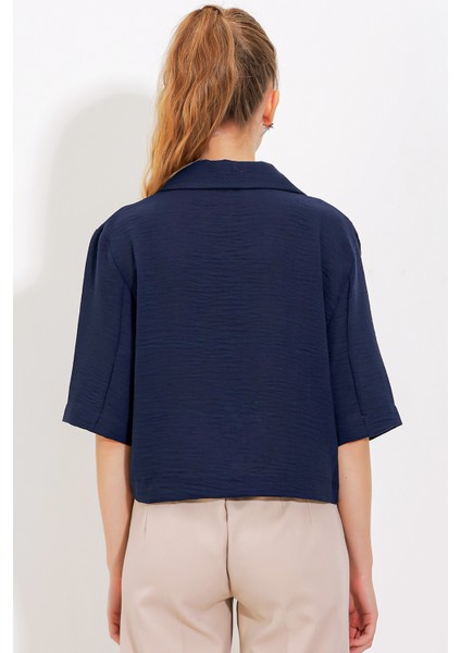 Kadın Lacivert Çift Düğmeli Oversize Crop Keten Ceket 0706