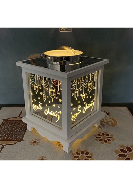 Ahşap Müslüman Eid Simülasyon Mum Fener LED Işık Ramazan Desen Aydınlık Mübarek Islam Dekor Lambası, B (Yurt Dışından)