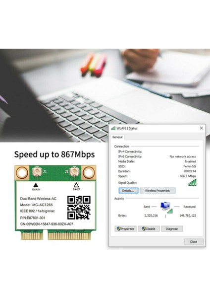 Wifi Kartı -AC7265 Mini Pcı-E 1200 Mbps Bluetooth 4.2 Çift Bant 2.4g 5g Adaptörü Win7 Win 8 Win 10 Için (Yurt Dışından)