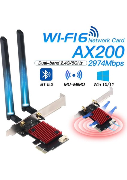 Wifi 6 Pcıe Wifi Kartı AX200 Bluetooth 5.2 3000 Mbps 802.11AX Çift Bantlı Pcıe Kablosuz Ağ Adaptörü Pc WINDOWS10/11 (Yurt Dışından) modelleri
