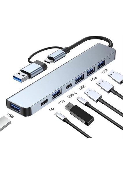 USB C Hub Ayırıcı 7'si 1 Arada USB Genişletici, 4 USB Bağlantı Noktalı Pc Dizüstü Bilgisayar/telefonlar ve Daha Fazla Cihaz Için 2 USB C Bağlantı Noktası (Yurt Dışından)