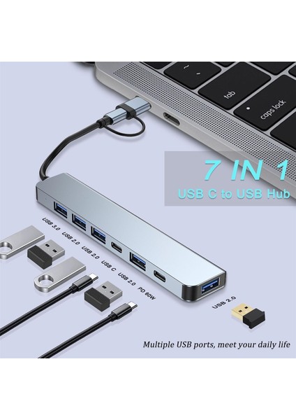 USB C Hub Ayırıcı 7'si 1 Arada USB Genişletici, 4 USB Bağlantı Noktalı Pc Dizüstü Bilgisayar/telefonlar ve Daha Fazla Cihaz Için 2 USB C Bağlantı Noktası (Yurt Dışından)