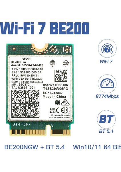 Carte WiFi BE200NGW Wi-Fi 7 – Tri-band 2.4/5/6 GHz, Bluetooth 5.4, M.2 NGFF, Avec 2 Antennes 10dB, Pour Windows 10/11