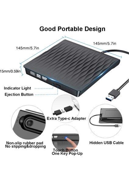 Harici CD DVD Sürücüsü USB 3.0 Tip C Bağlantı Noktası Ince Taşınabilir Harici CD DVD Yazıcı Yüksek Hızlı Veri Aktarımı USB Optik Sürücüler (Yurt Dışından) fırsatları