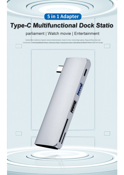 Usb-C Hub Adaptörü, USB 3.0 USB 2.0 Bağlantı Noktalarına Sahip Taşınabilir 5'i 1 Arada USB Tip C Adaptörü, Sd/tf Kart Okuyucu ve Pd Şarj Bağlantı Noktası (Yurt Dışından)