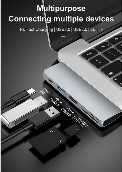 Usb-C Hub Adaptörü, USB 3.0 USB 2.0 Bağlantı Noktalarına Sahip Taşınabilir 5'i 1 Arada USB Tip C Adaptörü, Sd/tf Kart Okuyucu ve Pd Şarj Bağlantı Noktası (Yurt Dışından)