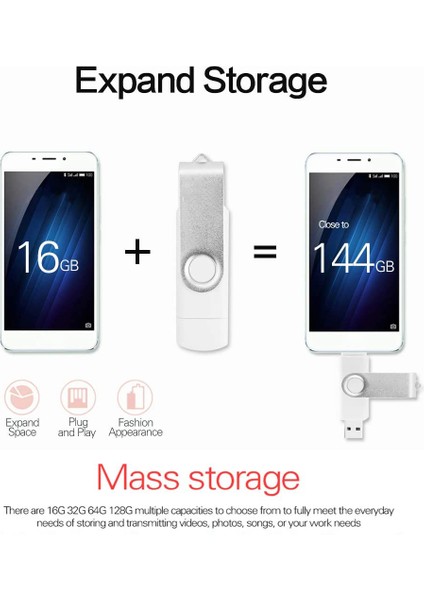USB Flash Sürücü 64G Otg+Usb3.0 Mini Taşınabilir Yüksek Hızlı Memory Stick, Android Cihazlar/pc/tablet/u Disk Için Beyaz (Yurt Dışından)