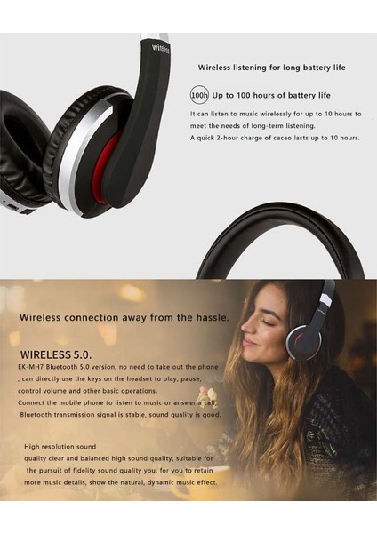 Ek-Mh7 Kulaklık, Bluetooth 5.0 Gürültü Azaltma Stereo Efektli Kablosuz Katlanabilir Spor Kulaklık (Gümüş) (Yurt Dışından) fırsatları