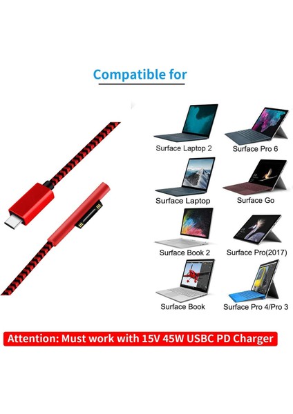 6ft Usb-C Şarj Kablosu 45W Pd Şarj Cihazı Örgülü Kablo Surface Pro7 Go2 Pro6 5/4/3 Laptop1/2/3 ve Surface Book Kırmızı (Yurt Dışından)