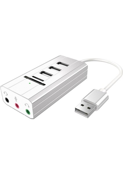 Harici 3,5 mm Ses USB 2.0 Ses Kartı, 3 Bağlantı Noktalı USB Hub Tf/sd Kart Okuyucu Adaptörü Tel Kablo Gümüş (Yurt Dışından)