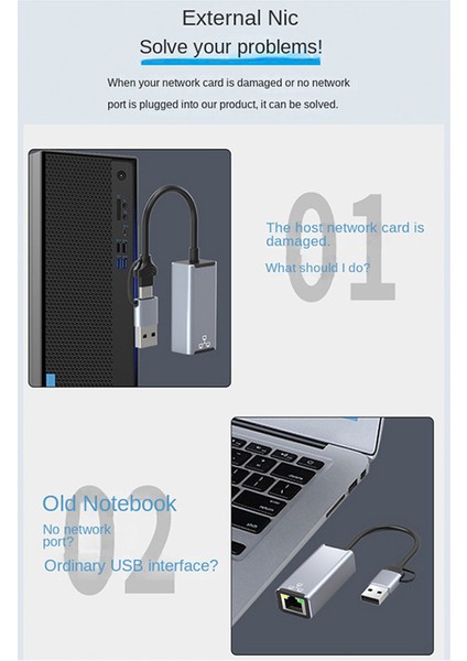 USB A/usb C Çift Konnektör Ağ Adaptörü USB RJ45 Ethernet Adaptörü Dizüstü Bilgisayar Için Harici Ağ Kartı (100MBPS) (Yurt Dışından)