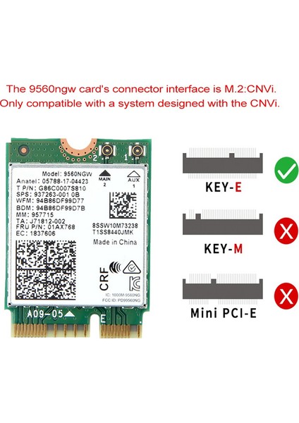 9560NGW Wifi Kartı + 2xantenna 1730MBPS Kablosuz Ac 9560 2.4g+5g Bt 5.0 802.11AC M.2 Cnvı 9560NGW Kablosuz Adaptör (Yurt Dışından)