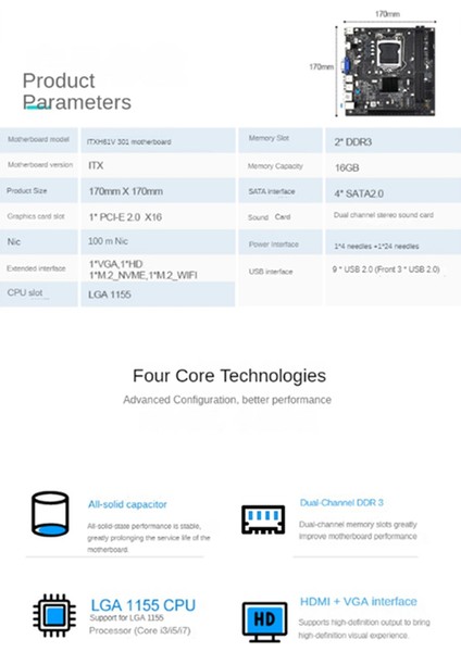 Itx H61 Masaüstü Anakart ile 1X4G Ddr3 1600MHZ Ram Cpu Lga 1155 Desteği 16GB'A Kadar Ram Yuvaları 100M Ağ Kartı (Yurt Dışından)