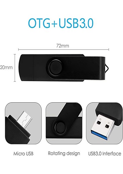 USB Flash Sürücü 16G Otg+Usb3.0 Mini Taşınabilir Yüksek Hızlı Bellek Çubuğu, Android Cihazlar/pc/tablet/u Disk Siyah (Yurt Dışından)