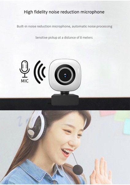 4K Otomatik Odaklama 8 Mp Web Kamerası Mikrofonlar Pc Için Full Hd Video Kamera USB Tak ve Çalıştır Güzellik Efekti Dolgu Işığı (Siyah) (Yurt Dışından)