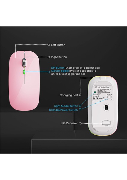 Bt5.1+2.4ghz Fare Jiggler'lı Kablosuz Fare, Şarj Edilebilir 2.4g Fare, USB Özellikli Bilgisayar Için Fare Taşıyıcı, Pembe (Yurt Dışından)