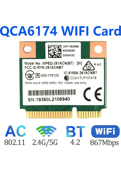 QCA6174 WPEQ-261ACN(BT) Wıfı Kartı 802.11AC 867M QCA6174 Bluetooth 4.2 Wıfı 5 Mini Pcıe Kablosuz Kartı (Yurt Dışından)