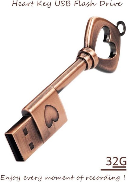 32 GB USB 2.0 Flash Sürücü, Retro Metal Aşk Kalp Anahtar Şekilli Başparmak Sürücü, USB Kalem Sürücü Saf Bakır USB Flash Sürücü Anahtarı (Yurt Dışından)