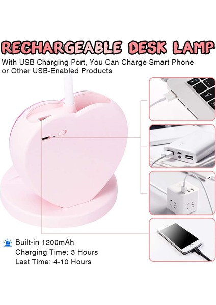 Press LED Masa Lambası, USB Şarj Bağlantı Noktalı ve Kalem/telefon Tutuculu Lamba, Gençler Için Şarj Edilebilir Çalışma, Pembe (Yurt Dışından)