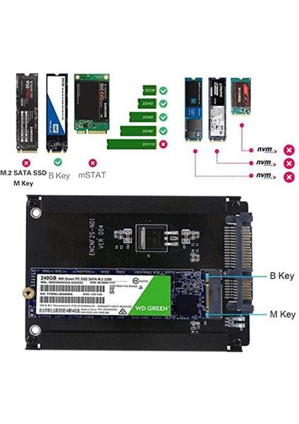 2 Adet Metal Kasa B + M Anahtar M.2 Ngff Ssd'den 2.5 Sata 6 Gb/s Adaptör Kartı Muhafaza Soketi M2 Ngff Adaptörü Vidalarla (Yurt Dışından)