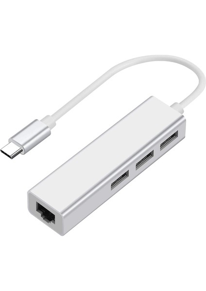 3 USB Bağlantı Noktalı Usb-C - Ethernet Adaptörü, RJ45 Ethernet Ağı ile C Tipi Hub Multiport 4'ü Bir Arada (A, Gümüş) (Yurt Dışından)