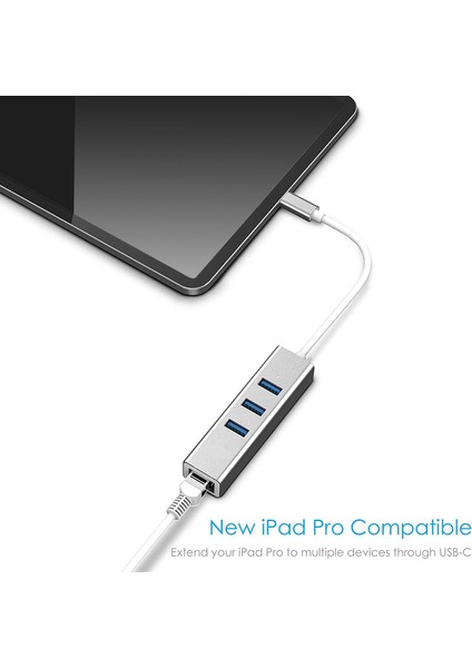 3 USB Bağlantı Noktalı Usb-C - Ethernet Adaptörü, RJ45 Ethernet Ağı ile C Tipi Hub Multiport 4'ü Bir Arada (A, Gümüş) (Yurt Dışından)