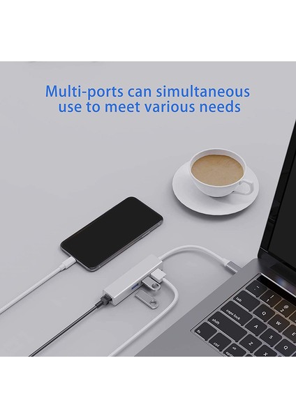 3 USB Bağlantı Noktalı Usb-C - Ethernet Adaptörü, RJ45 Ethernet Ağı ile C Tipi Hub Multiport 4'ü Bir Arada (A, Gümüş) (Yurt Dışından)