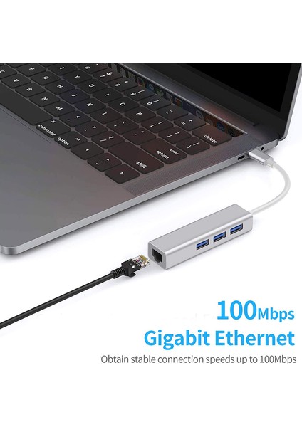 3 USB Bağlantı Noktalı Usb-C - Ethernet Adaptörü, RJ45 Ethernet Ağı ile C Tipi Hub Multiport 4'ü Bir Arada (A, Gümüş) (Yurt Dışından)
