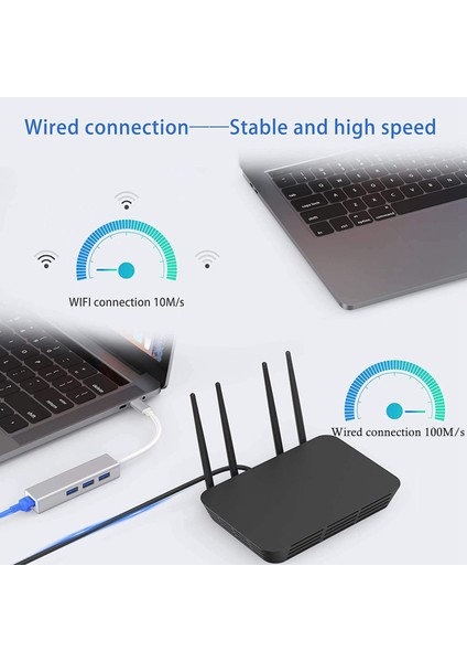 3 USB Bağlantı Noktalı Usb-C - Ethernet Adaptörü, RJ45 Ethernet Ağı ile C Tipi Hub Multiport 4'ü Bir Arada (A, Gümüş) (Yurt Dışından)